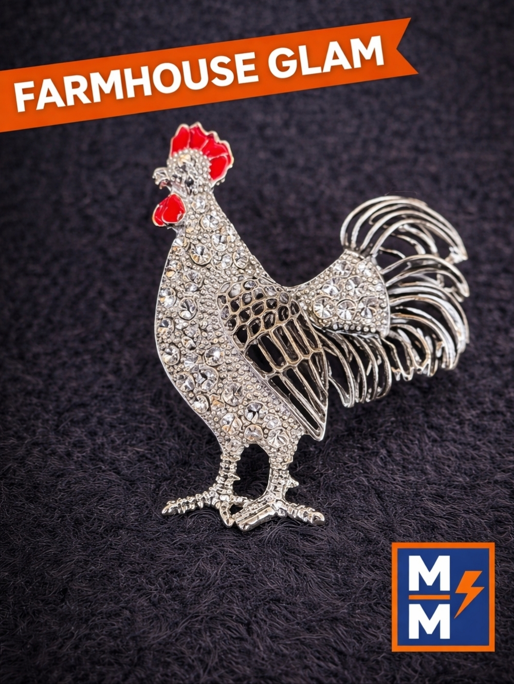 Sparkly Silver Rooster Pin Crystal Rhinestone Farmhouse Statement Brooch